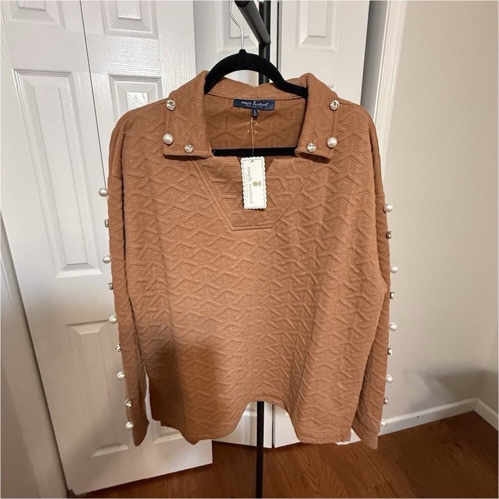Simply Southern Brown Knit Pullover Sweater V-Neck Pearl Rhinestone Buttons L